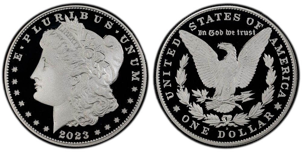 Side-by-side comparison of 2023-S Proof Morgan Dollar vs 2023-S Reverse Proof Morgan Dollar showing field and device texture differences