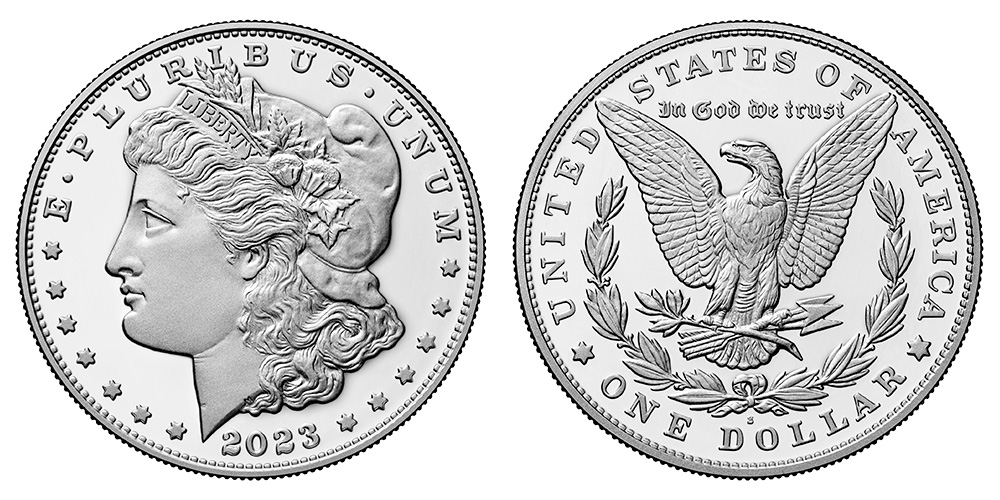 Group of 2023 Morgan and Peace Silver Dollars in original US Mint black presentation boxes
