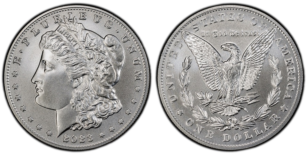 2023 Morgan Silver Dollar grading strip showing four condition tiers from MS-60 to MS-70 side by side